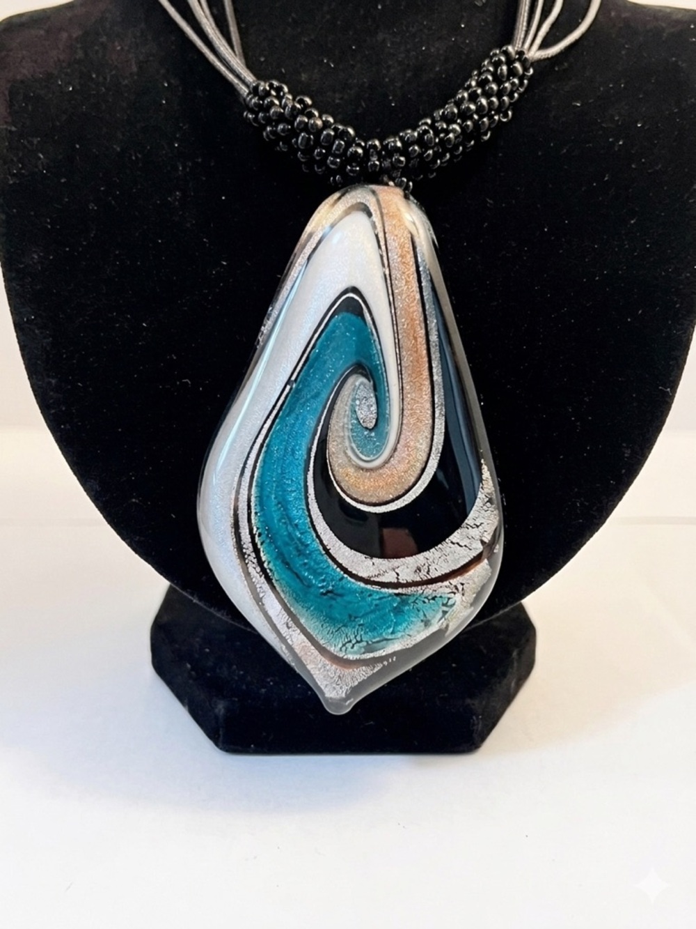 NWT Boho Chic Dichroic Glass Teardrop Statement Necklace Teal & Gold